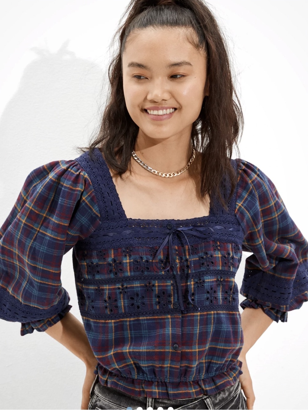 American Eagle Plaid Lace Puff-Sleeve Prarie Blouse Shirt Eyelet Crochet Navy Sm